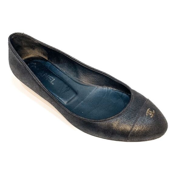 Chanel Interlocking CC Logo Black Cap Toe Ballet Flats EU 37.5 US 6.5-7 Slip on - Picture 1 of 10